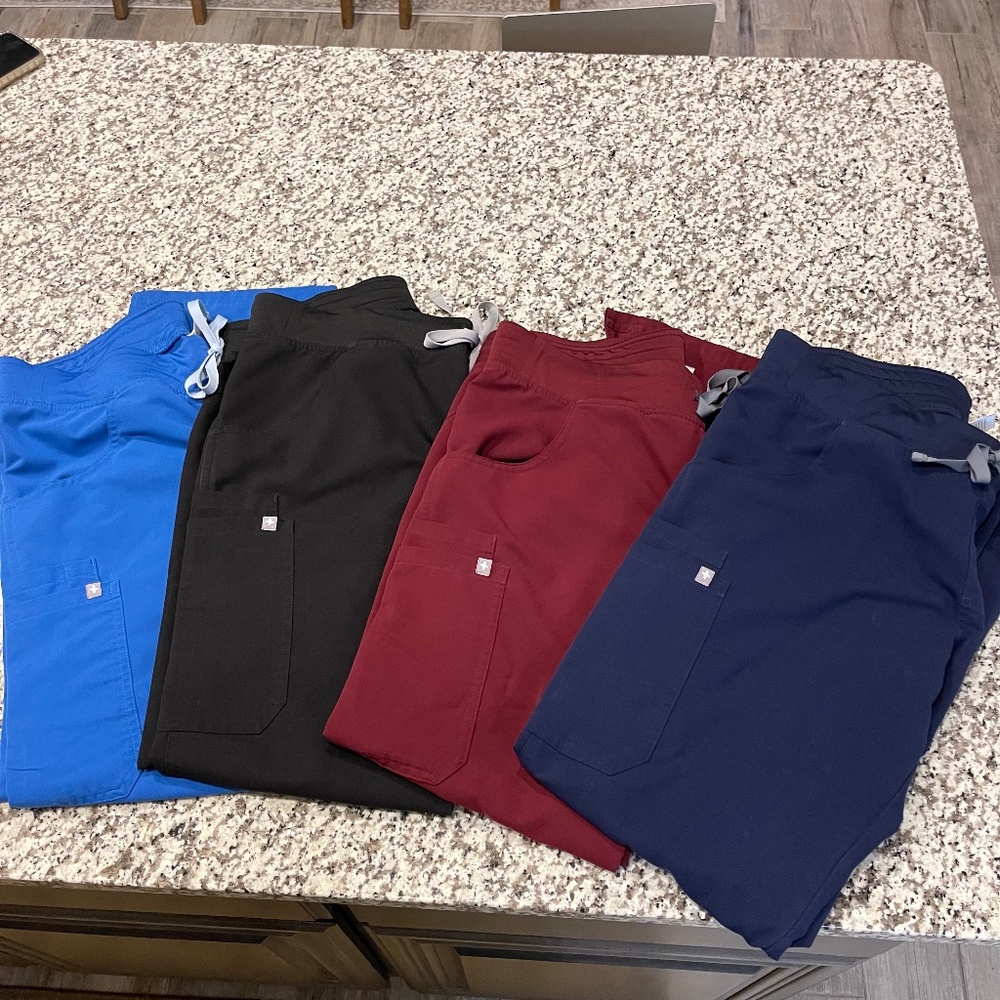 4 PAIR Figs Kade Scrub Pants- Size Large (Black, navy, burgundy and royal blue)